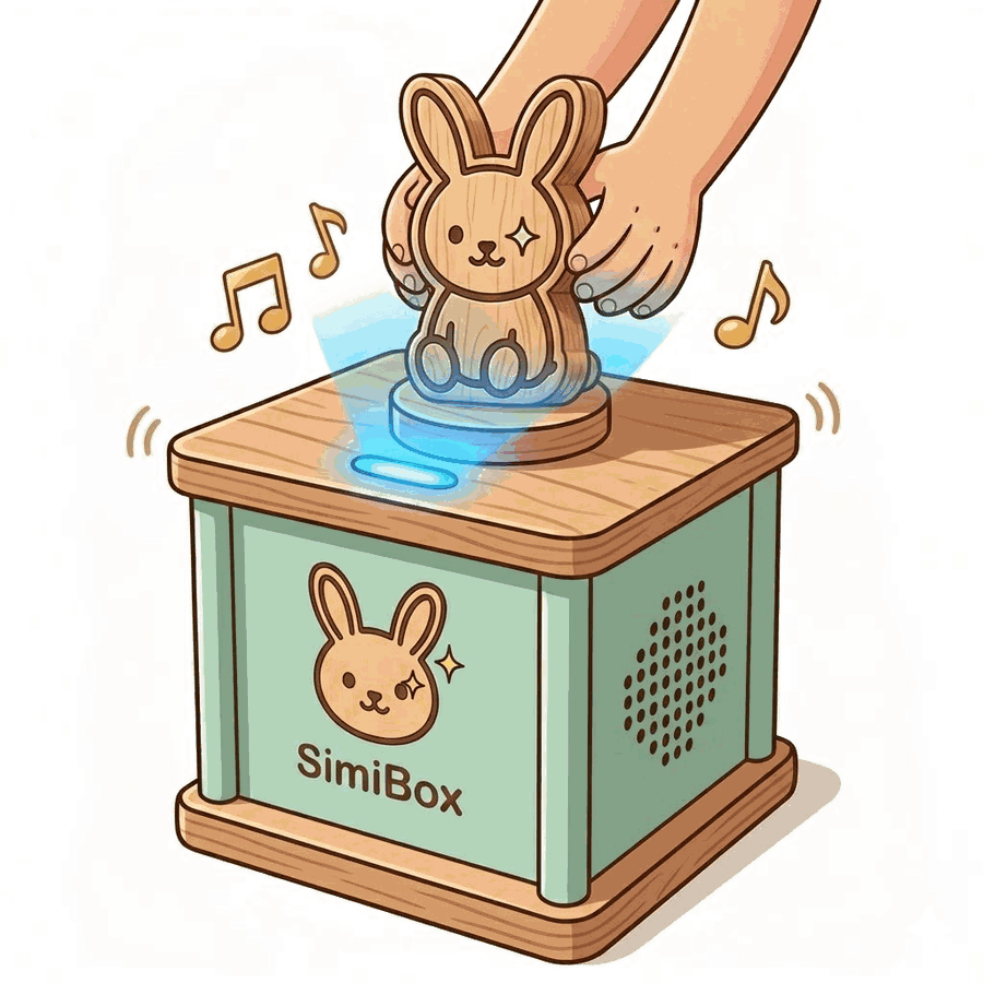 Una mano coloca el conejo de madera sobre la SimiBox. La luz azul se enciende y notas musicales empiezan a flotar
